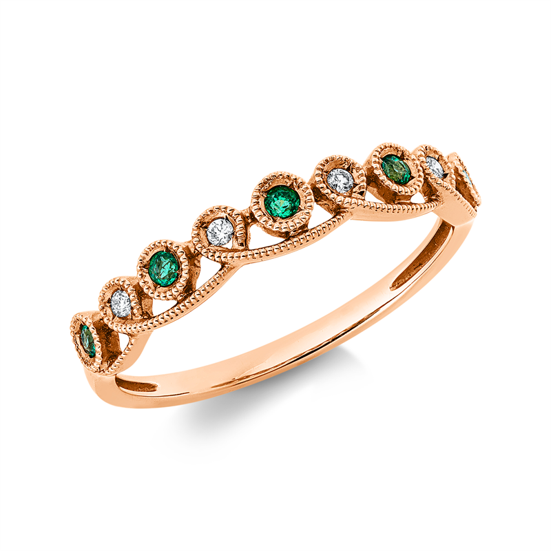 Ring 18 kt RG, 4 Brill. 0,03 ct, TW-si, 5 Smaragde 0,08 ct grün