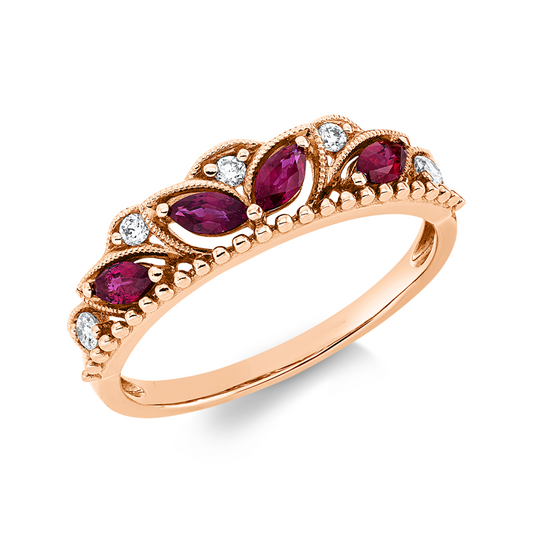 Ring 18 kt RG, 5 Brill. 0,09 ct, TW-si, 4 Rubine 0,35 ct rot