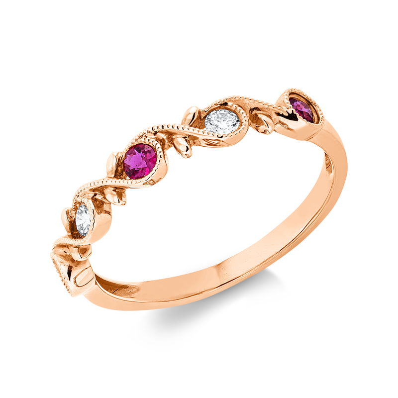 Ring 18 kt RG, 2 Brill. 0,10 ct, TW-si, 3 Rubine 0,17 ct rot
