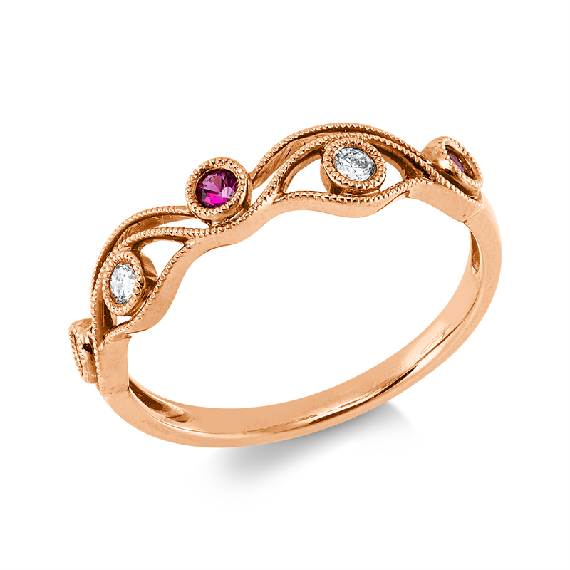 Ring 18 kt RG, 2 Brill. 0,07 ct, TW-si, 3 Rubine 0,12 ct rot