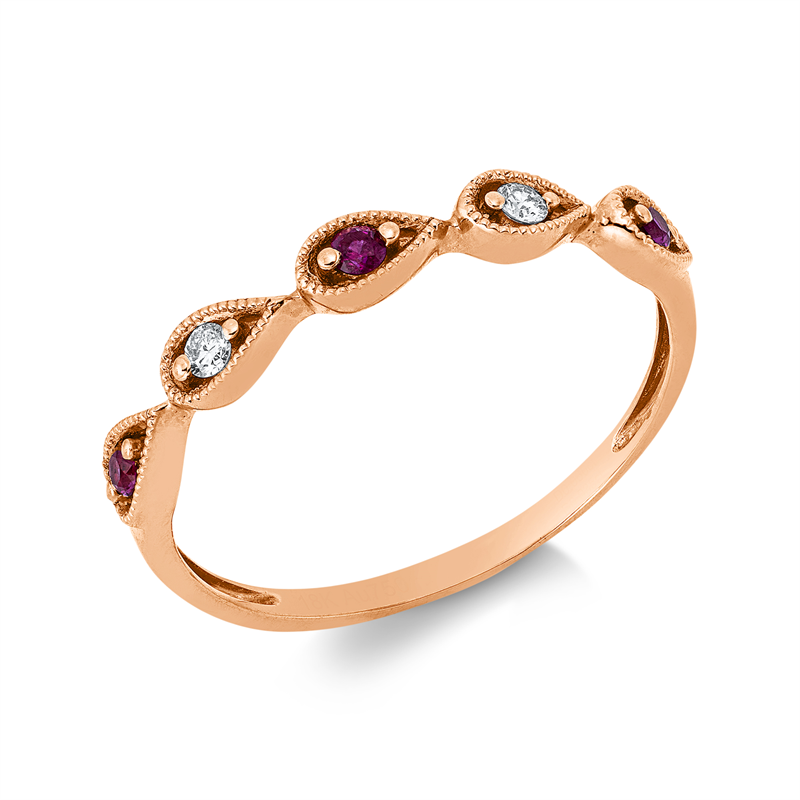 Ring 18 kt RG, 2 Brill. 0,04 ct, TW-si, 3 Rubine 0,07 ct rot