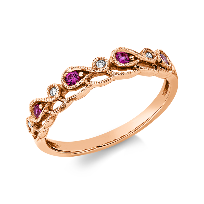 Ring 18 kt RG, 4 Brill. 0,03 ct, TW-si, 4 Rubine 0,13 ct rot