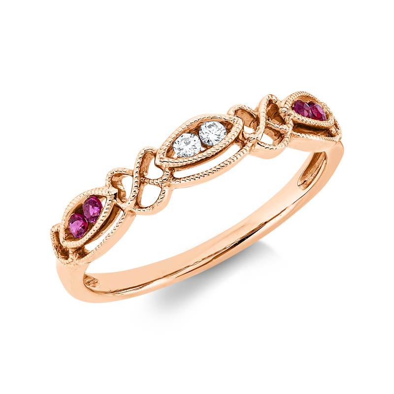 Ring 18 kt RG, 2 Brill. 0,03 ct, TW-si, 4 Rubine 0,09 ct rot
