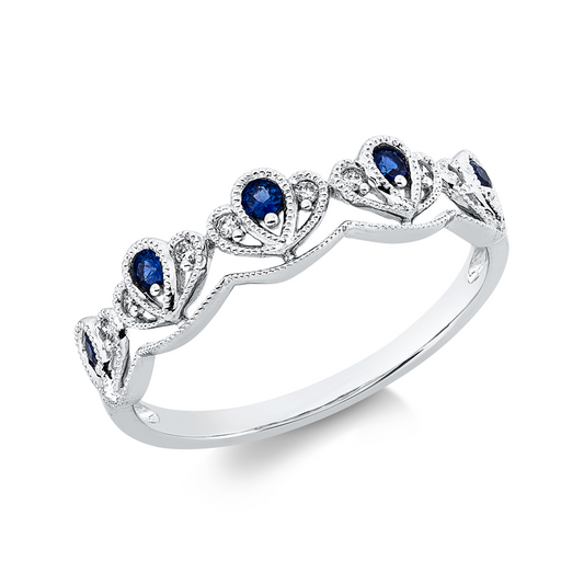 Ring 18 kt WG, 8 Brill. 0,05 ct, TW-si, 5 Saphire 0,15 ct blau