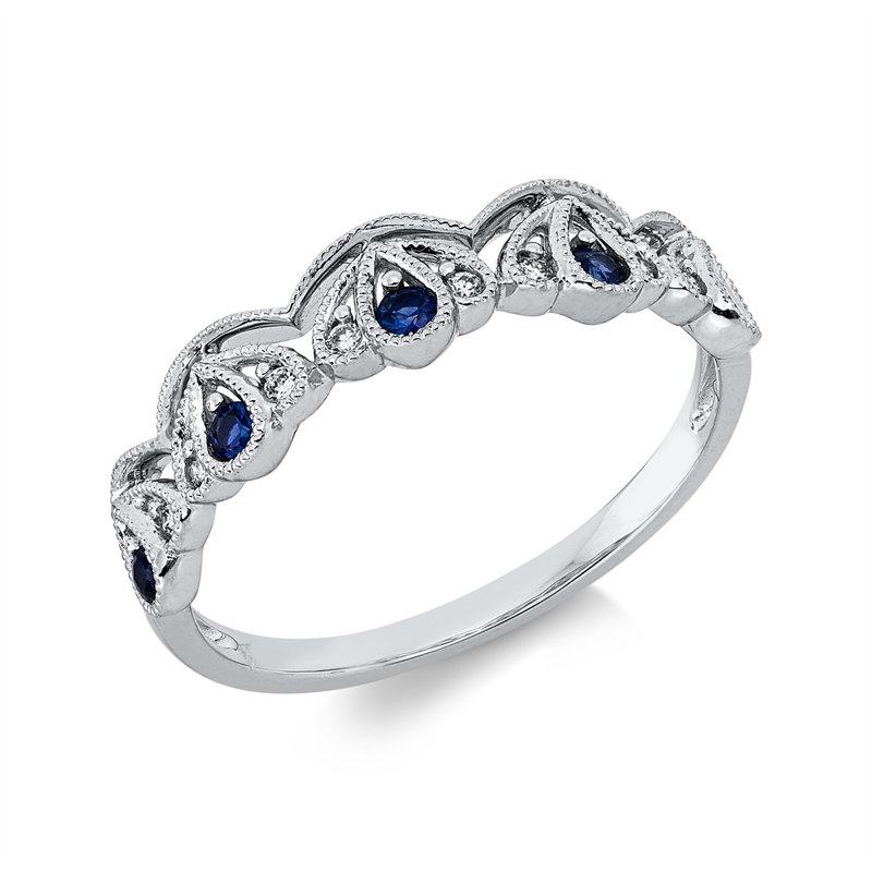 Ring 18 kt WG, 8 Brill. 0,05 ct, TW-si, 5 Saphire 0,15 ct blau