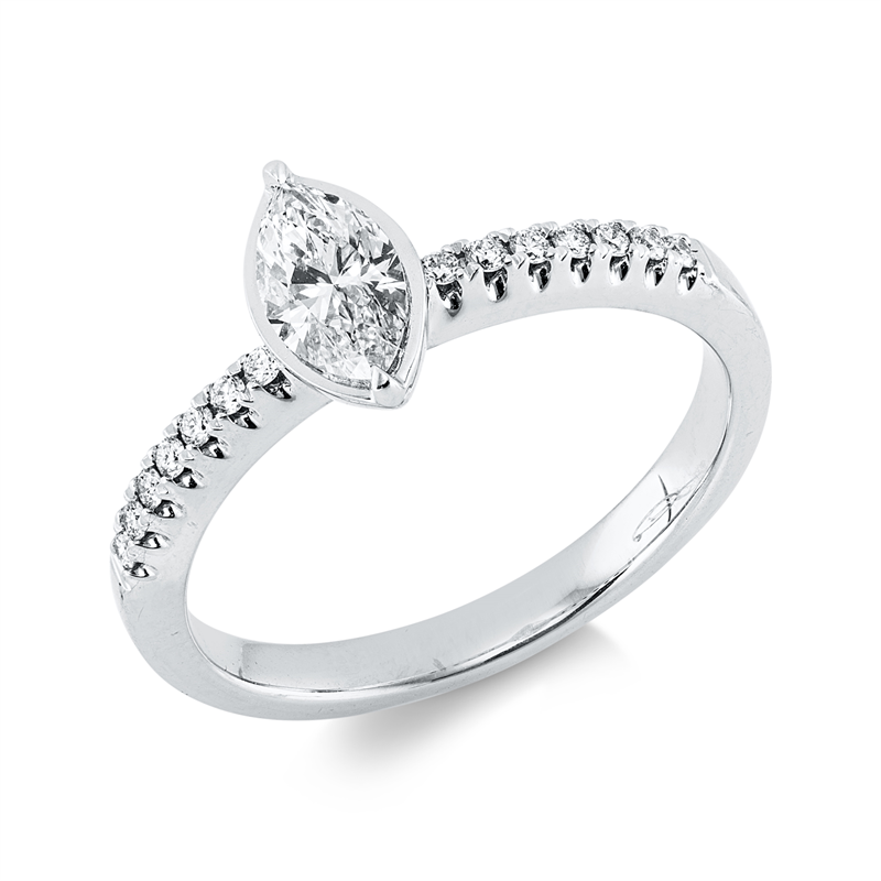 Ring 14 kt WG, 1 Nav. 0,41 ct, W-si, 14 Brill. 0,10 ct, TW-si