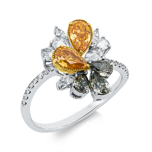 Ring 18 kt WG+GG, 3 Nav. 0,10 ct, TW-si, 4 Pear Rose 0,29 ct, TW-si, 17 Brill. 0,08 ct, TW-si, 2 Tropfen 0,74 ct, orange, 3 Tropfen 0,43 ct, grün