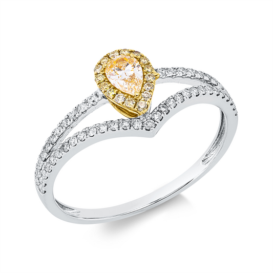 Ring 18 kt WG+GG, 16 Brill. 0,06 ct, gelb-vsi, 1 Tropfen 0,18 ct, gelb-vsi, 51 Brill. 0,18 ct, TW-si