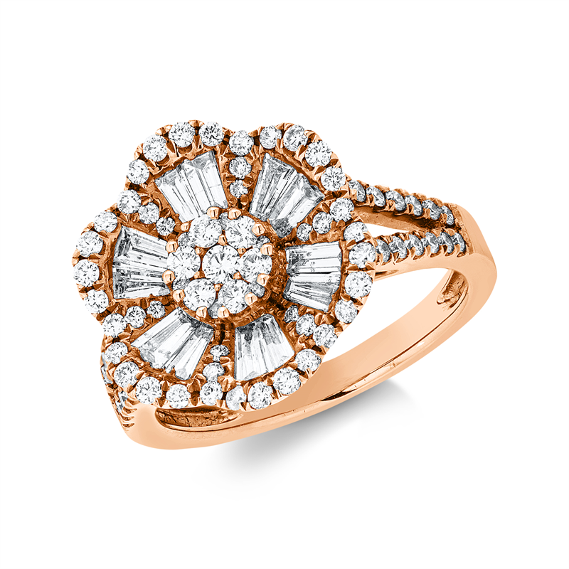 Ring 18 kt RG, 12 Trap. 0,84 ct, TW-si, 83 Brill. 0,70 ct, TW-si