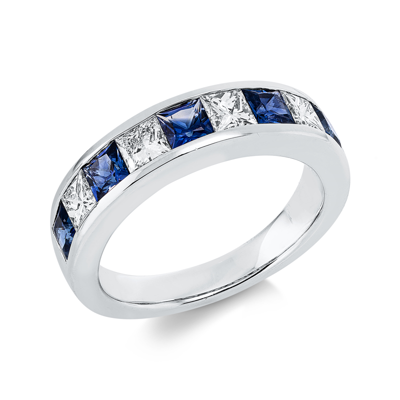 Ring 18 kt WG, 4 Princ. 0,85 ct, TW-vsi, 5 Saphire 1,10 ct blau