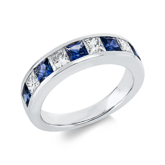 Ring 18 kt WG, 4 Princ. 0,85 ct, TW-vsi, 5 Saphire 1,10 ct blau