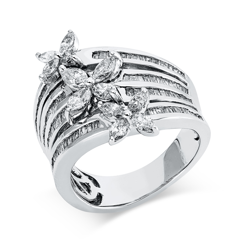 Ring 18 kt WG, 107 Trap. 0,82 ct, F-si/pi, 12 Nav. 1,18 ct, F-si/pi