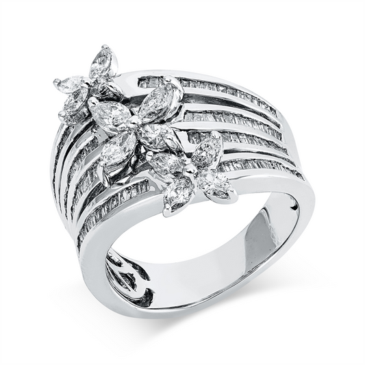 Ring 18 kt WG, 107 Trap. 0,82 ct, F-si/pi, 12 Nav. 1,18 ct, F-si/pi