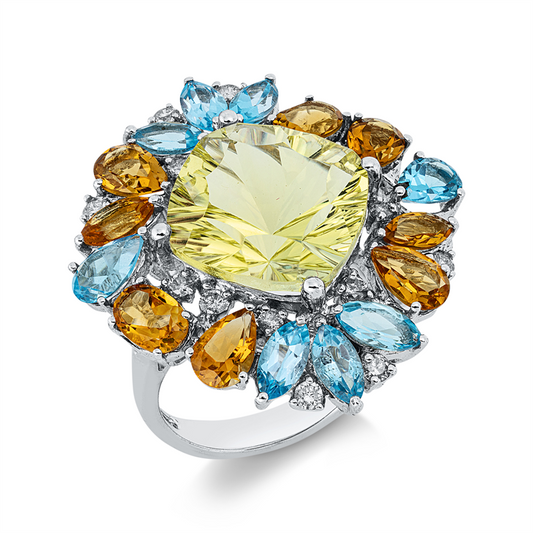Ring 18ktWG,14 Brill.0,40ct, W-si/pi,8 Citrin 2,64ct gelb,1 Lemonquarz 8,20ct grün,8 Topa 2,86ct blau