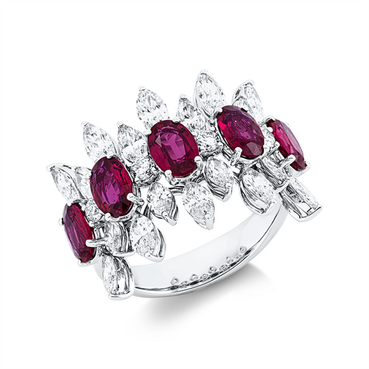 Ring 18 kt WG, IGI78J0350324, 18 Nav. 1,75 ct, F-vvs/vs, 4 Brill. 0,19 ct, F-vvs/vs, 5 Rubine 2,37 ct rot