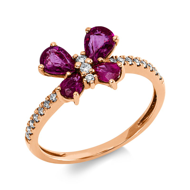 Ring 18 kt RG, 19 Brill. 0,15 ct, F-si, 4 Rubine 1,12 ct rot