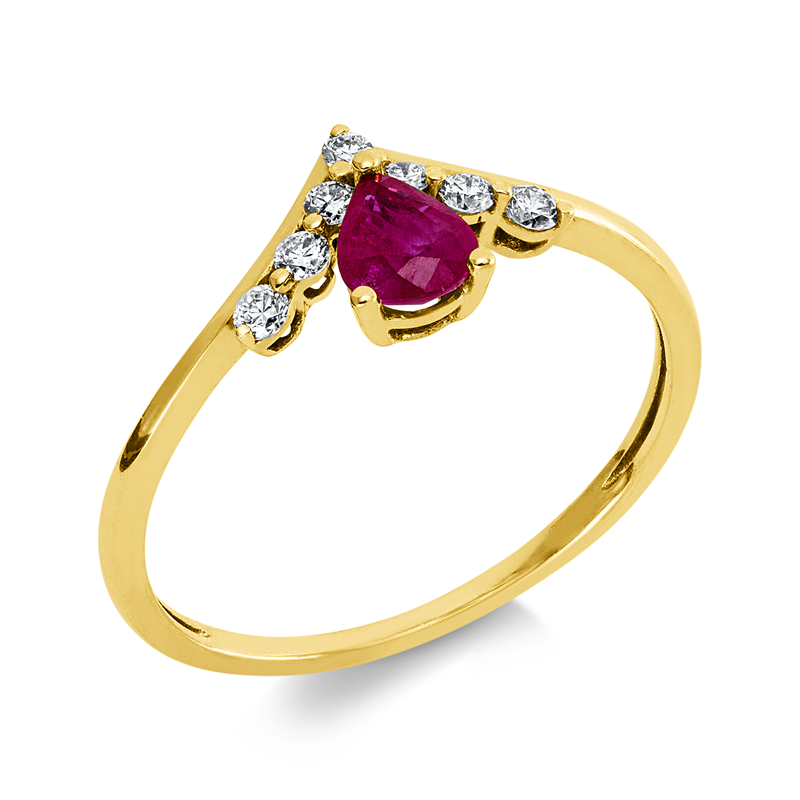 Ring 18 kt RG, 7 Brill. 0,13 ct, F-si, 1 Rubin 0,39 ct rot