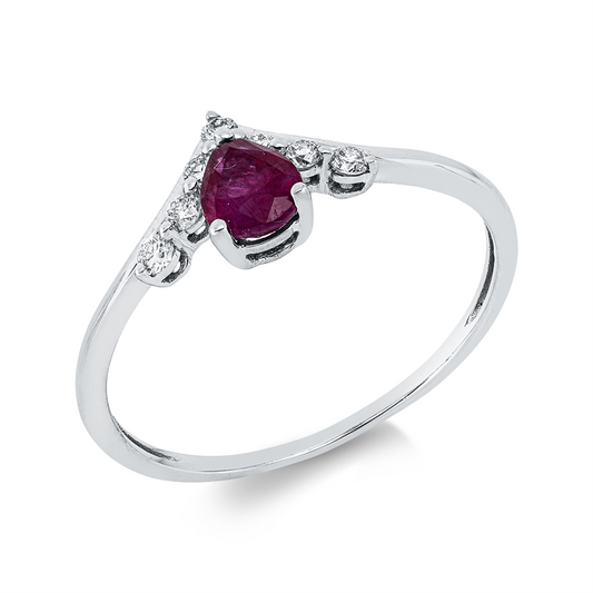 Ring 18 kt WG, 7 Brill. 0,12 ct-si, 1 Rubin 0,41 ct rot
