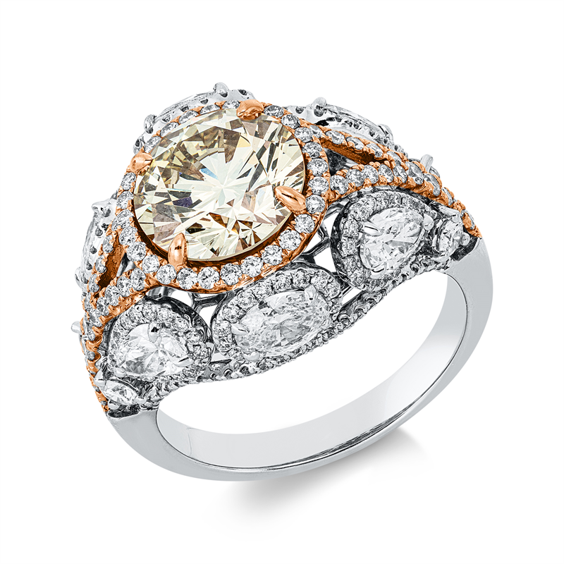Ring 18 kt WG+RG, 4 Tropfen 0,75 ct, 2 Oval 0,48 ct, 212 Brill. 0,92 ct, F-vsi, 1 Brill. 2,59 ct, gelb