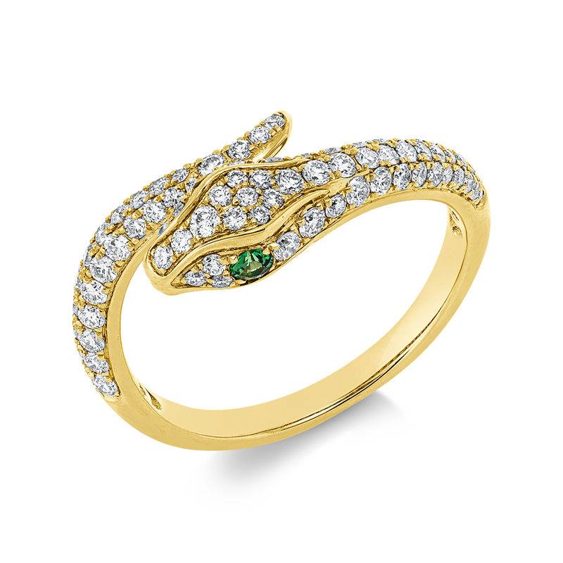 Ring 18 kt GG, 80 Brill. 0,58 ct, F-vsi, 2 Tsavorith 0,08 ct grün
