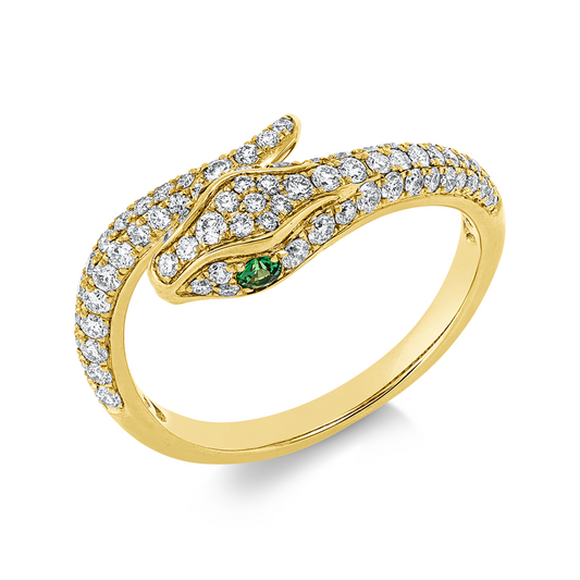 Ring 18 kt GG, 80 Brill. 0,58 ct, F-vsi, 2 Tsavorith 0,08 ct grün