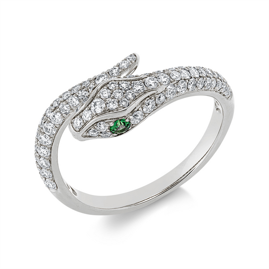Ring 18 kt WG, 80 Brill. 0,58 ct, F-vsi, 2 Tsavorith 0,07 ct grün