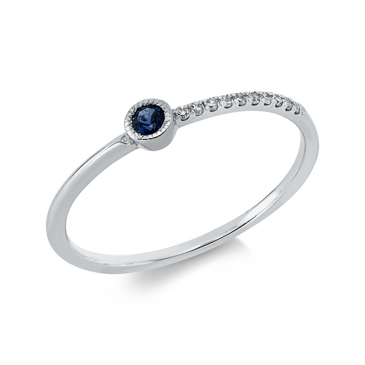 Ring 18 kt WG, 10 Brill. 0,05 ct, W-si, 1 Saphir 0,08 ct blau