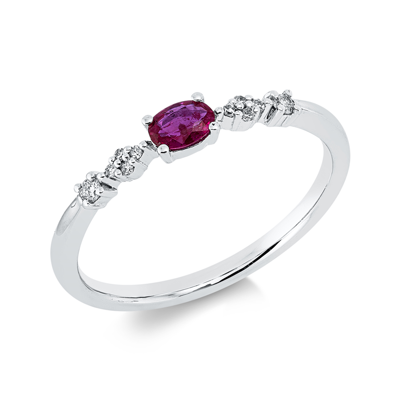 Ring 18 kt WG, 8 Brill. 0,02 ct, W-si, 2 Brill. 0,03 ct, TW-pi, 1 Rubin 0,17 ct rot