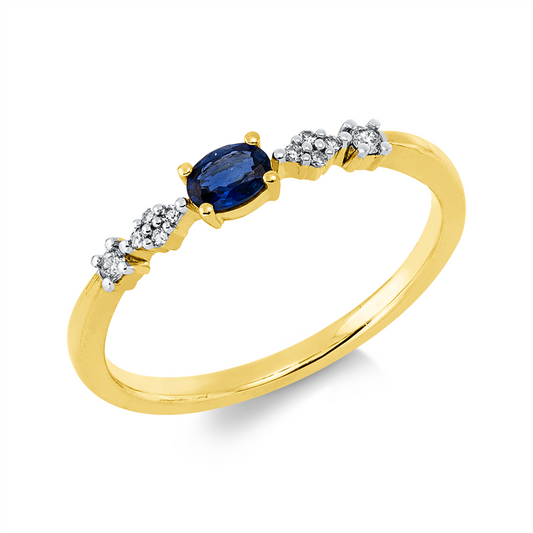 Ring 18 kt GG, Fassung rhodiniert, 8 Brill. 0,02 ct, W-si, 2 Brill. 0,03 ct, TW-pi, 1 Saphir 0,17 ct blau
