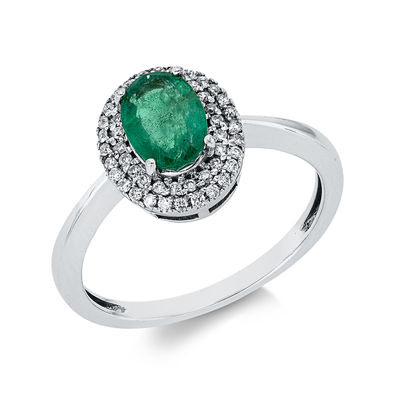 Ring 18 kt WG, 50 Brill. 0,15 ct, F-si, 1 Smaragd 0,77 ct grün