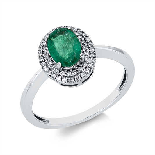 Ring 18 kt WG, 50 Brill. 0,15 ct, F-si, 1 Smaragd 0,77 ct grün