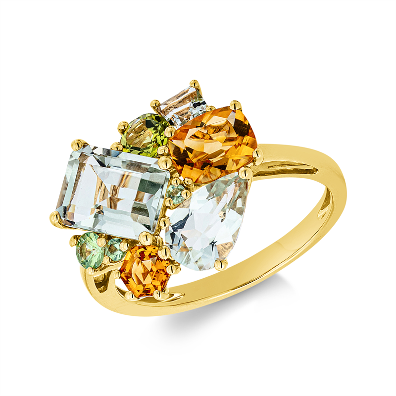 Ring 18 kt GG, 1 Peridot 0,30 ct, 2 Citrin 0,80 ct, 1 Amethyst 0,20 ct grün, 1 Amethyst 0,60 ct grün, 1 Amethyst 1,50 ct grün, 3 Granat 0,16 ct grün