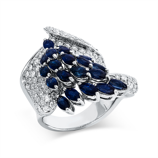 Ring 18 kt WG, 144 Brill. 3,16 ct, TW-vsi/si, 20 Saphire 4,02 ct blau