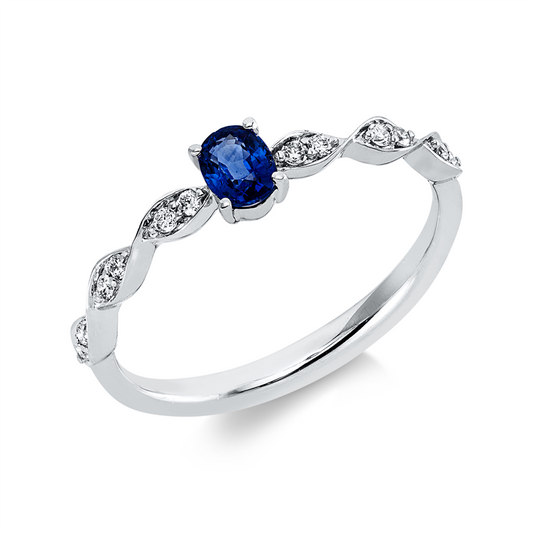 Ring 18 kt WG, 12 Brill. 0,09 ct, I-si, 1 Saphir 0,29 ct blau