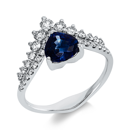 Ring 18 kt WG, 32 Brill. 0,51 ct, I-si/pi, 1 Saphir 1,56 ct blau
