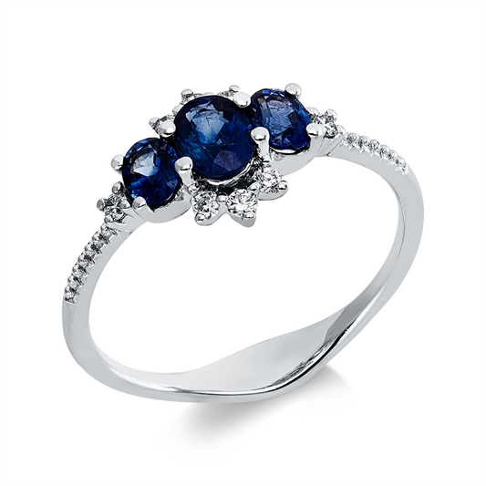 Ring 18 kt WG, 8 Brill. 0,11 ct, I-si, 2 Saphire 0,41 ct blau, 1 Saphir 0,39 ct blau