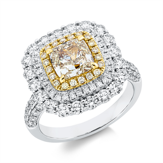 Ring 18 kt WG+GG, GIA 2146165185, 22 Brill. 0,94 ct, TW-si, 60 Brill. 0,54 ct, TW-si, 1 Cushion 1,59 ct, gelb-i1, 20 Brill. 0,14 ct, gelb