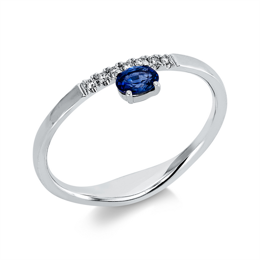 Ring 18 kt WG, 7 Brill. 0,04 ct, I-si, 1 Saphir 0,25 ct blau