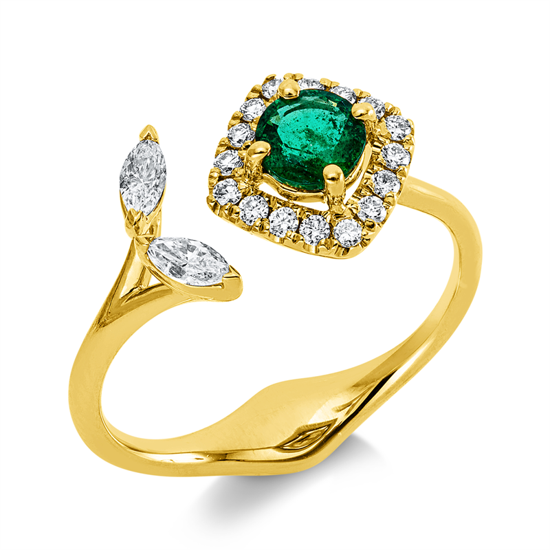 Ring 18 kt GG, 2 Nav. 0,16 ct, TW-si/pi, 16 Brill. 0,14 ct, TW-si/pi, 1 Smaragd 0,37 ct grün