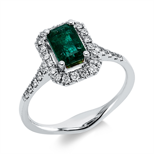 Ring 18 kt WG, 30 Brill. 0,31 ct, I-si, 1 Smaragd 0,88 ct grün