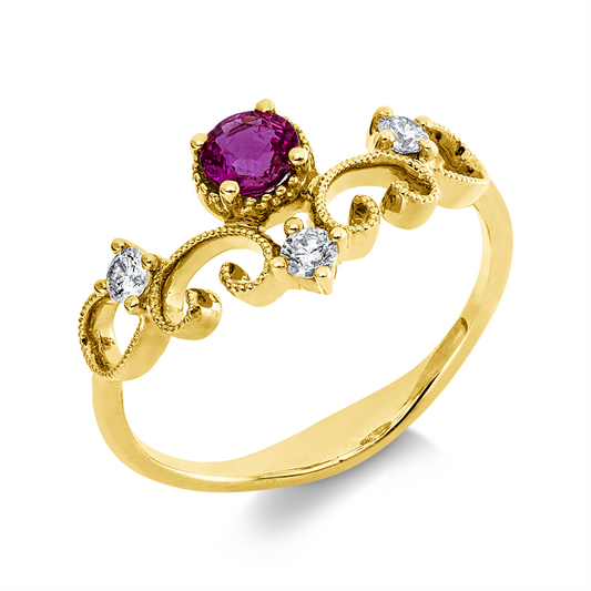 Ring 18 kt GG, 3 Brill. 0,16 ct, TW-si/pi, 1 Rubin 0,39 ct rot