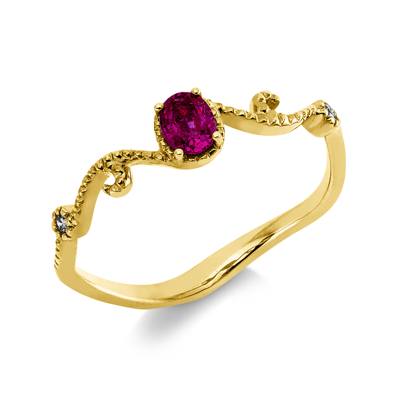 Ring 18 kt GG, 2 Brill. 0,02 ct, I-si, 1 Rubin 0,22 ct rot