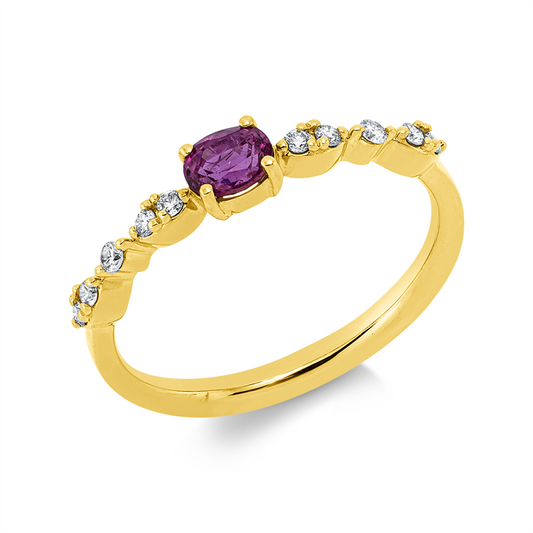 Ring 18 kt GG, 10 Brill. 0,11 ct, I-si/pi, 1 Rubin 0,36 ct rot