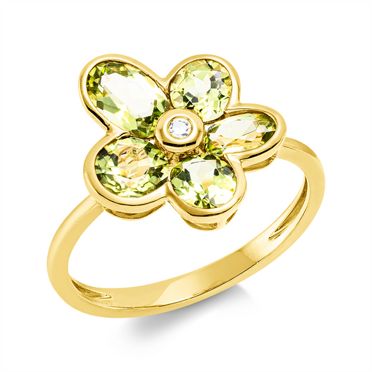 Ring 18 kt GG, 1 Brill. 0,02 ct, TW-si, 3 Peridot 1,40 ct, 2 Peridot 0,90 ct