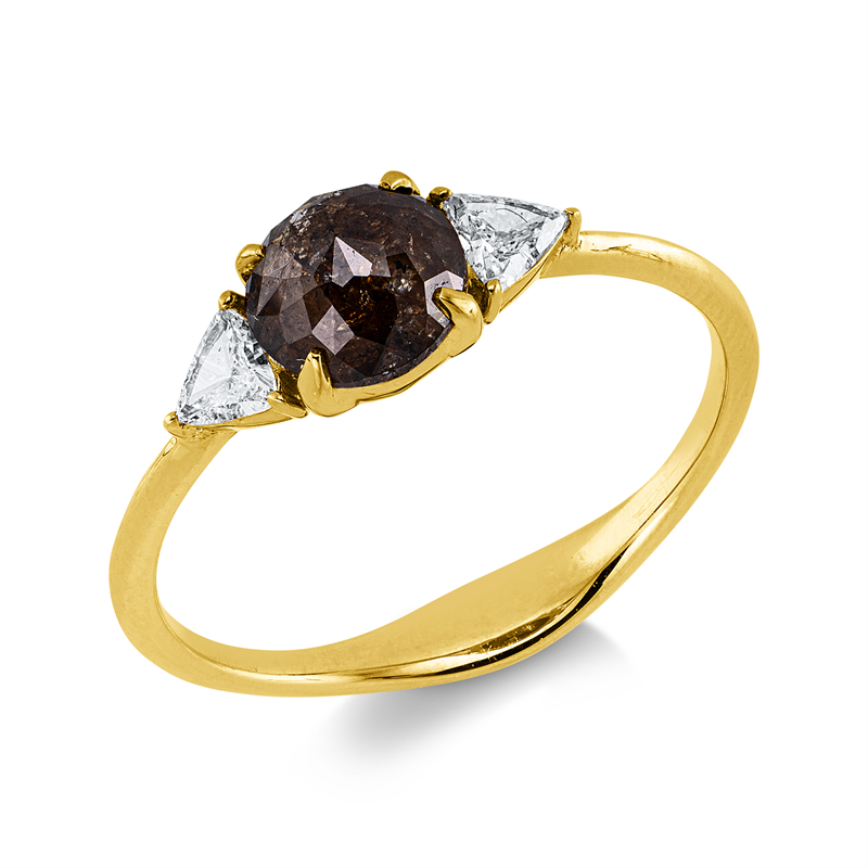 Ring 18 kt GG, 2 Triangel 0,15 ct, I-si/pi, 1 Dia.Split 0,73 ct, braun