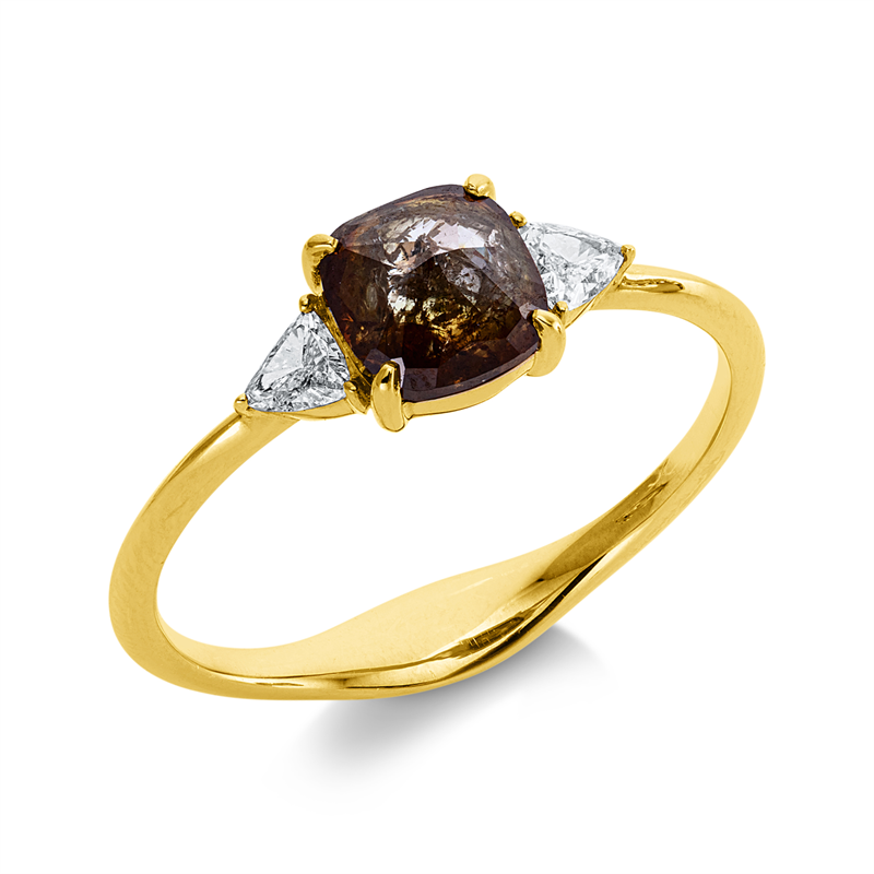 Ring 18 kt GG, 2 Triangel 0,13 ct, I-si/pi, 1 Dia.Split 0,95 ct, braun