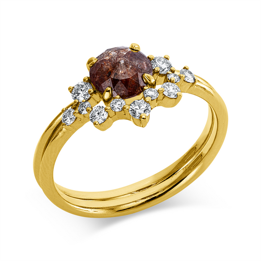 Ring 18 kt GG, 11 Brill. 0,24 ct, I-si/pi, 1 Dia.Split 0,70 ct, braun