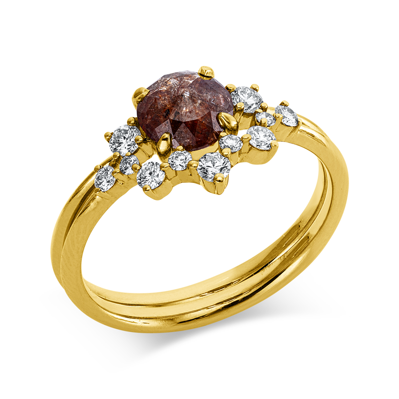 Ring 18 kt GG, 11 Brill. 0,24 ct, I-si/pi, 1 Dia.Split 0,70 ct, braun