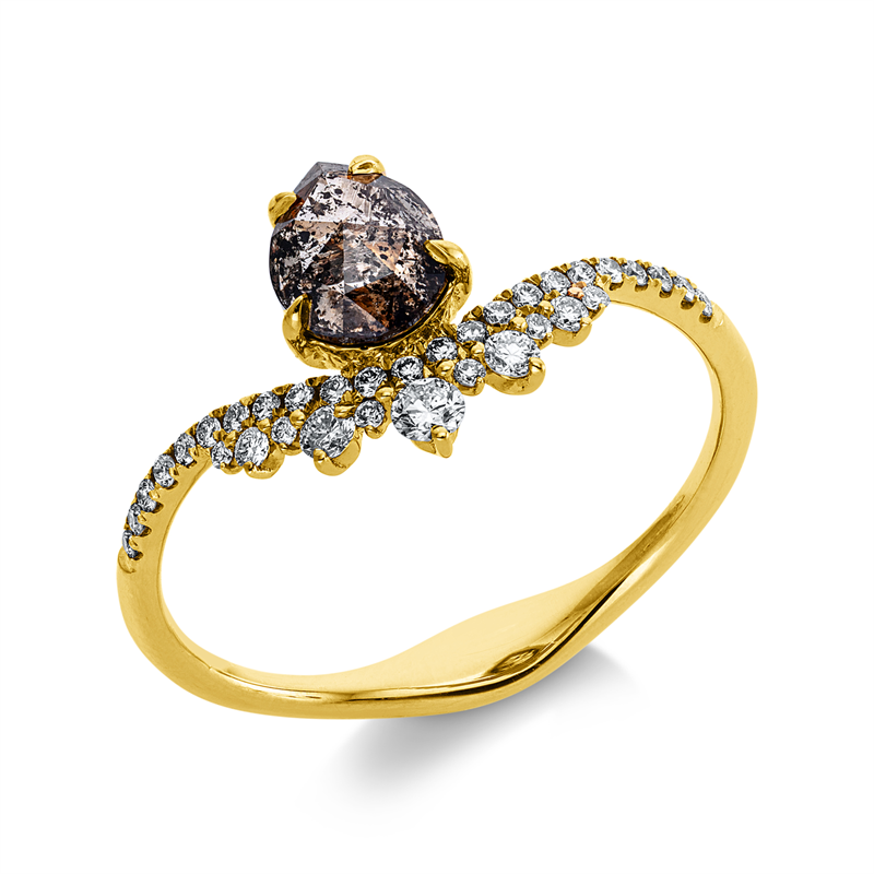 Ring 18 kt GG, 34 Brill. 0,19 ct, I-si/pi, 1 Dia.Split 0,67 ct, braun