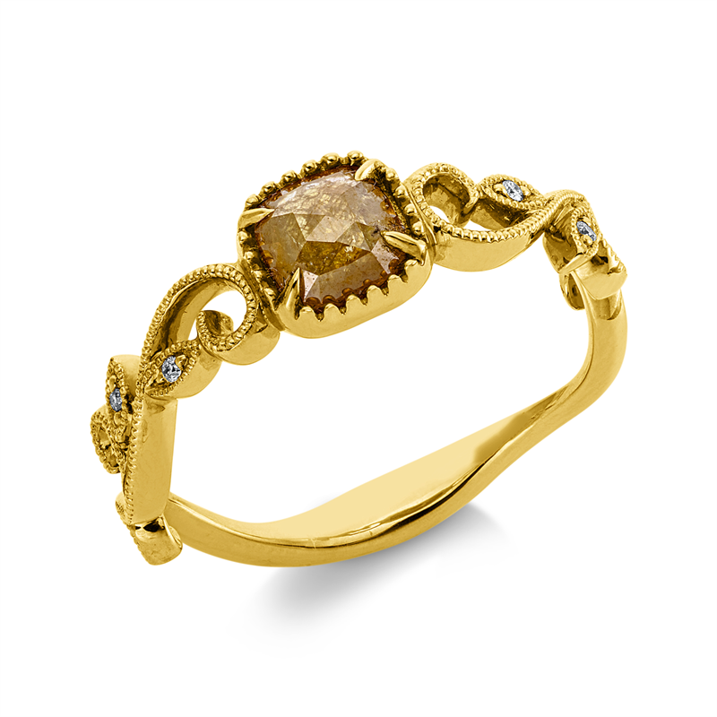 Ring 18 kt GG, 4 Brill. 0,01 ct, I-vsi/si, 1 Dia.Split 0,47 ct, gelb